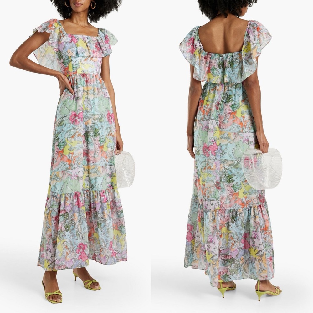 NWT Alice + Olivia Ruffled Off Shoulder Maxi Dress - Multi Print Boho Maxi Dress - Picture 14 of 15